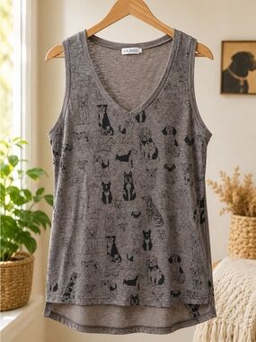 LA SOUL Taupe Dog Print Pet-Themed V-Neck Tank Top